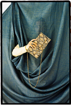 Hand holding snakeskin bag through fabric
