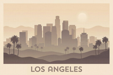 beige vintage los angeles poster with palm trees and skyline