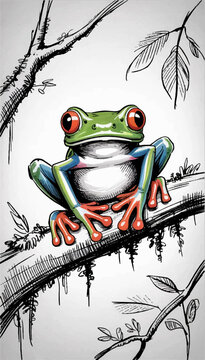 Vector illustration of a tree frog on a tree, drawn by hand with a black pen and markers.