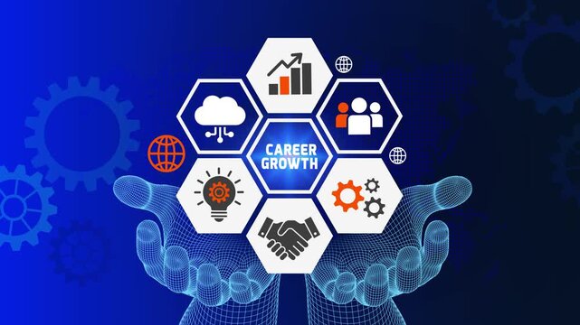 Career growth and professional development concept with business icons. Digital transformation for career success and business strategy visualization