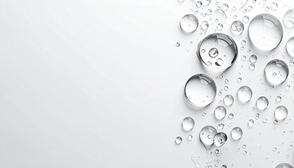 Abstract background of clear water drops on light grey surface with copy space