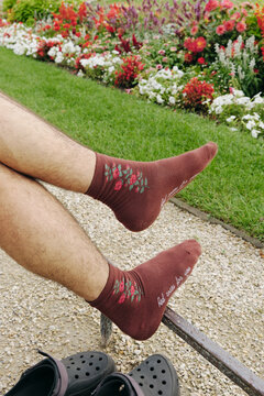 Male legs wearing fun socks in a garden