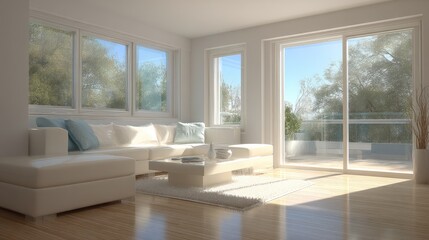 Fototapeta premium Bright and Airy Living Room with Modern Furniture, Large Windows, and a Cozy Atmosphere Inviting Natural Light and Tranquility