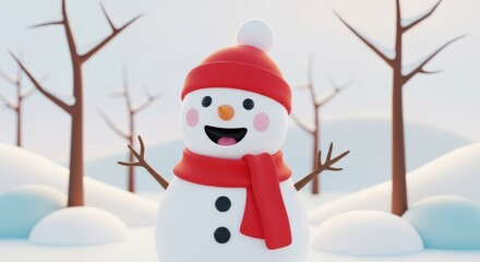 Obraz premium Cheerful snowman in winter landscape with trees and snowy ground background