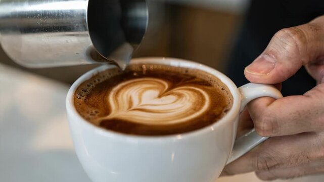 Detailed view of fine microfoam layering over espresso capturing the intricate latte art heart shape with baristas steady hand in sharp focus.