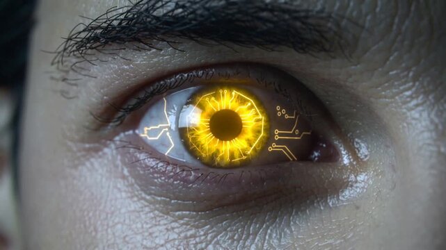 Digital circuit board pattern glowing on human iris. Advanced biometric scanning and bionic vision technology.