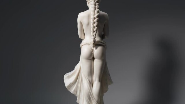 Slow Zoom of White Marble Female Statue with Braid on Gray Background