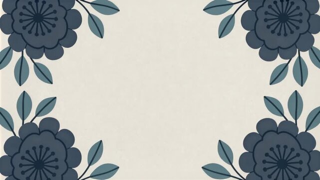 Starting motion, sliding navy clusters and teal leaves inward on beige panel, framing content area
