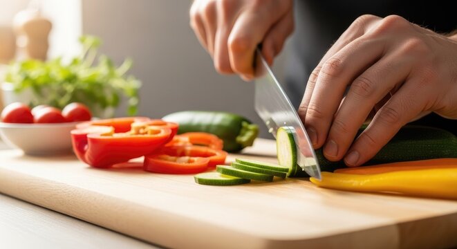 Chef prepares fresh vegetables slicing zucchini with sharp knife on wooden board