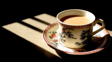 Fototapeta premium Elegant porcelain cup on saucer filled with steaming hot beverage, soft light casting shadows, creating a cozy and inviting atmosphere at home