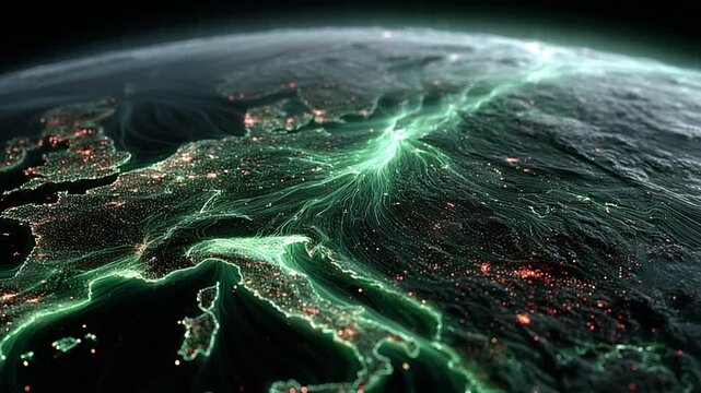 Illuminated Map of Europe with Dynamic Energy Flow