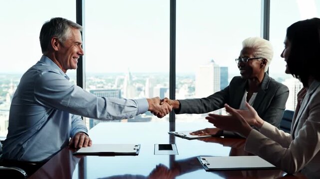 Business professionals shaking hands across a conference table in a highrise office