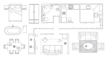 Furniture Top View Outline Icon Set &ndash; Bedroom, Kitchen, Bathroom, Dining and Living Room Interior Symbols