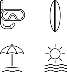 Fototapeta premium Surfing thin line icon set. Surfboard, wave, windsurfing, surfer, beach vacation symbols.