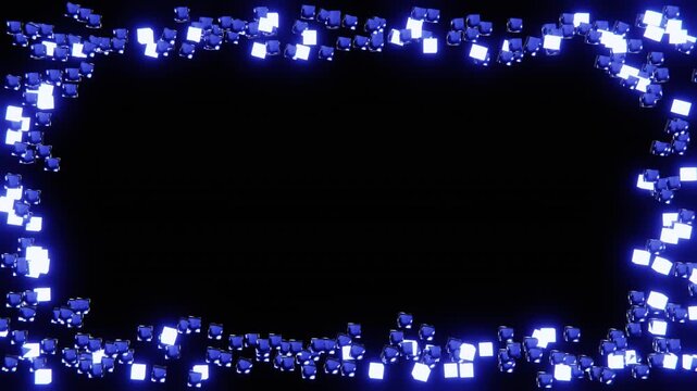 Horizontal 3D abstract frame border cubes squares pixels background copyspace loop animation banner template, blue neon glow on dark black, futuristic cyber tech data matrix, glossy metallic motion