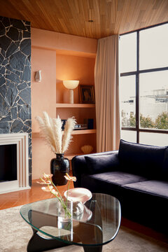 Corner of a luxury living room with fireplace