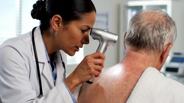Dermatologist examining patients skin condition on back