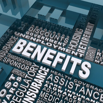 3D Benefits Concept with Related Terms and Insurance Keywords