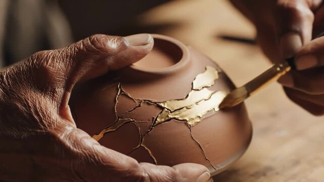 Closeup of hands applying gold lacquer to repair a cracked ceramic bowl using kintsugi technique