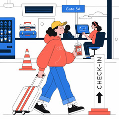 Person checking in at airport gate with a suitcase and drink in a cheerful mood