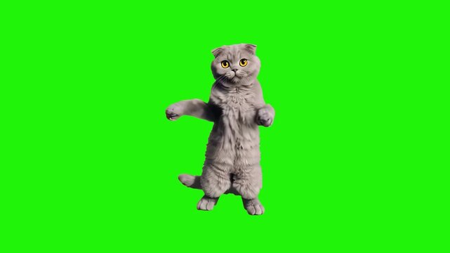 A 3D rendered grey Scottish Fold cat with characteristic folded ears performing a funny dance on a green screen. Designed for easy background removal in comedy sketches and creative video production.