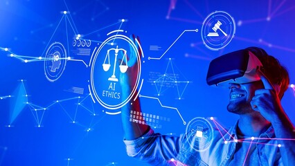 A joyful individual explores digital representations of AI ethics and law while wearing a virtual...