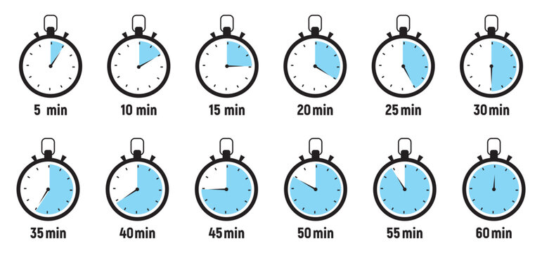 Timer, clock, stopwatch isolated set icons. Countdown timer symbol icon set. Label cooking time. Vector illustration.Set of analog clocks for every hour icon.Stopwatch icon from 1 to 60 minute timer
