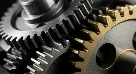 Close up of interlocking gears representing industry and engineering