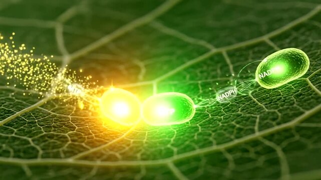 Microscopic view of glowing cells on a leaf surface with light particles.