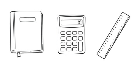 School supplies icons including book calculator and ruler in line art style  educational tools for students and teachers