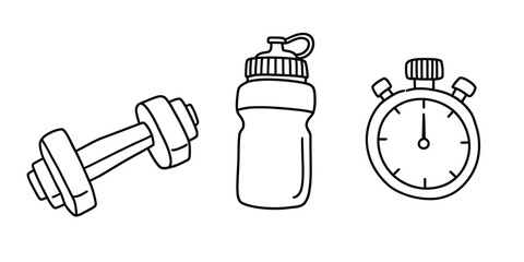 Fitness equipment icons including dumbbell water bottle and stopwatch for exercise and workout routine planning