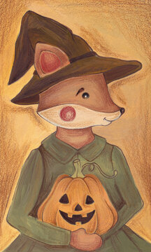 A fox holding a pumpkin