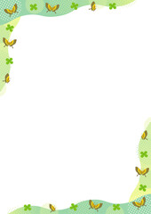 蝶とクローバーと幾何学模様と波の縦型の角のフレーム_ 緑