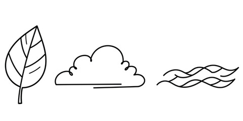 Line drawing of leaf cloud and wind  weather forecast icons  climate change symbols