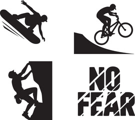 Extreme sports and no fear concept with snowboarder, cyclist, climber, and text