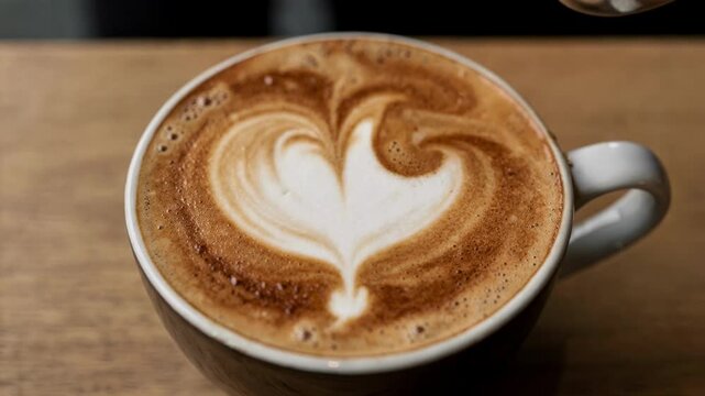 Detailed view of fine microfoam layering over espresso capturing the intricate latte art heart shape with baristas steady hand in sharp focus.
