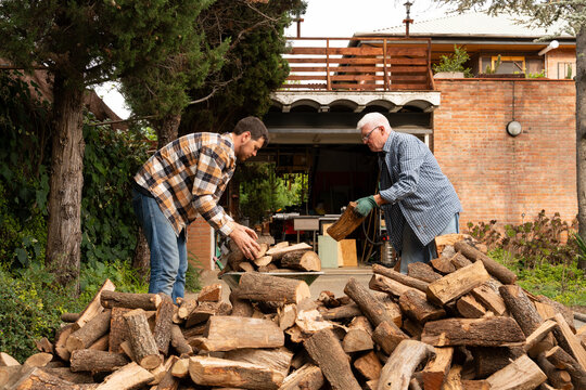 Father and Son Stacking Firewood