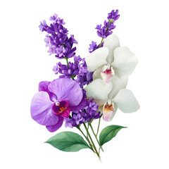 Obraz premium Beautiful bouquet of white and purple orchids with lavender flowers and green leaves transparent background