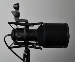 Microphone. Professional microphone on a stand. Used for radio and podcast broadcasts, with a pop filter.