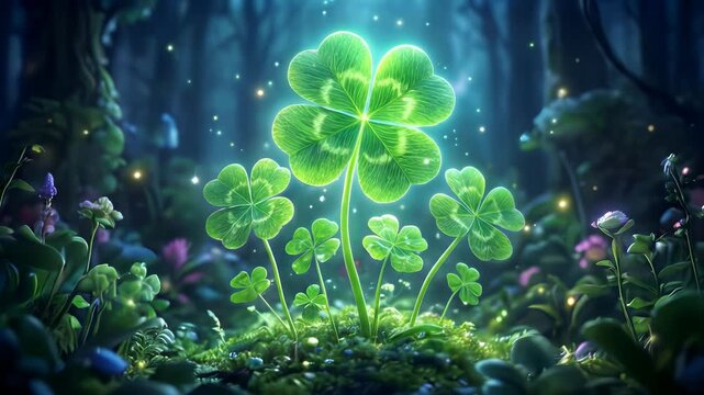 Luminous four-leaf clovers glowing in mystical forest. Enchanted woodland scene with magical light effects and sparkling particles. Lockdown wide shot.