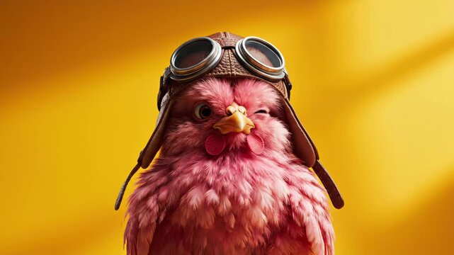 Chicken dressed in pilot goggles poses against a yellow background