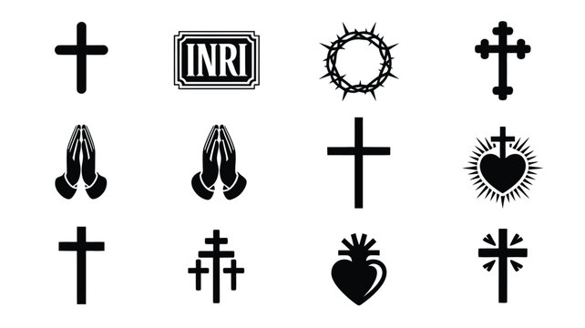 Collection of minimalist christian symbols and icons on white background