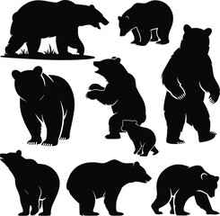 Bear, silhouettes, animals, wildlife, forest, predator, mammal, standing, walking, cub, nature, black, illustration, vector, isolated, set, collection, wild, animal, design © Mst