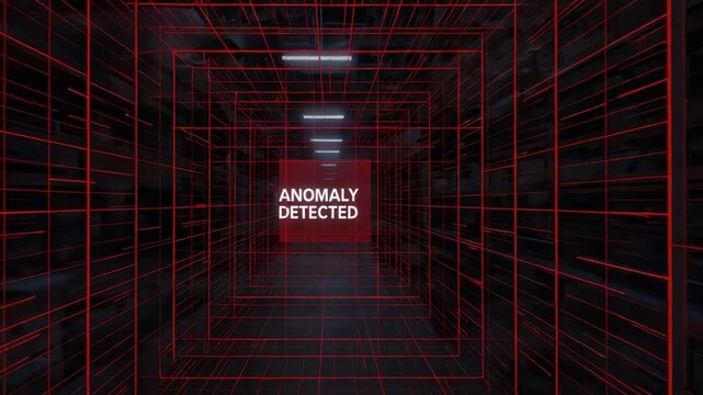 Advancing red wireframe tunnel pulling camera forward in dim server aisle, showing ANOMALY DETECTED