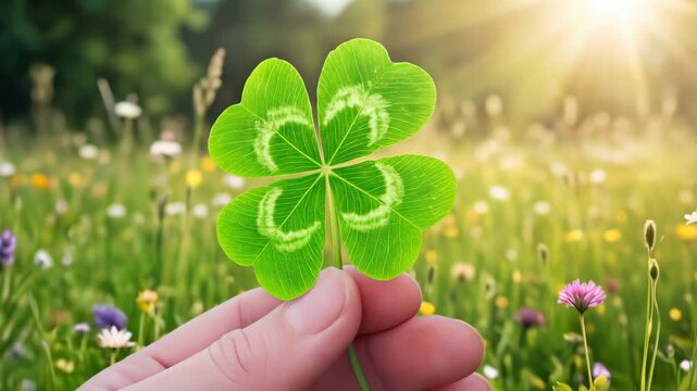 Hand holding four-leaf clover in sunlit meadow. Close-up shot with panning and tilting movement.