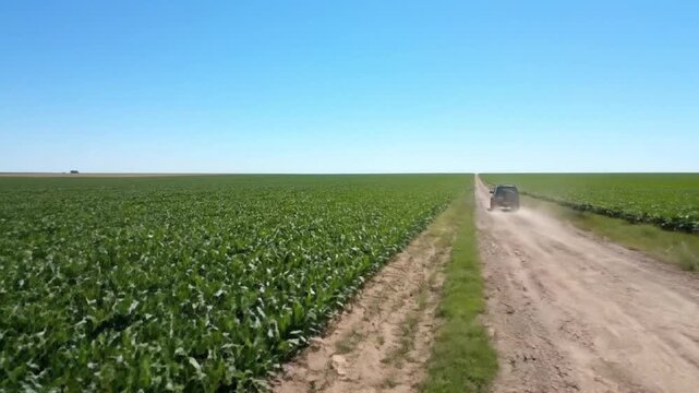 Vehicle Driving Beside Green Crop Field under Clear Sky