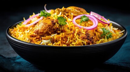 Delicious Spicy Chicken Biryani with Fragrant Rice and Fresh Garnish in a Black Bowl on a Dark Background