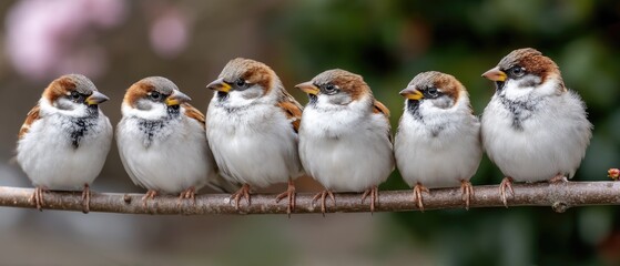 Fototapeta premium Little birds sit together on a branch with blooming apple trees and pink flowers in the background during springtime in a high-resolution close-up