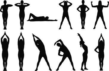 Fitness, stretching, exercise, silhouettes, people, warmup, workout, yoga, poses, training, flexibility, healthy, lifestyle, gym, routine, balance, strength, activity, illustration, vector