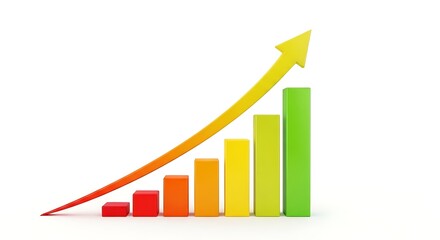 3D render of a colorful bar chart with an upward trending arrow, symbolizing financial growth and success, isolated on white background.